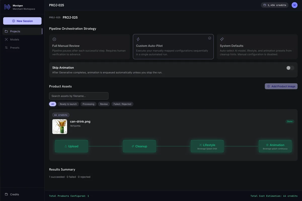 Same Moviqen project after pipeline — lifestyle and animation outputs complete
