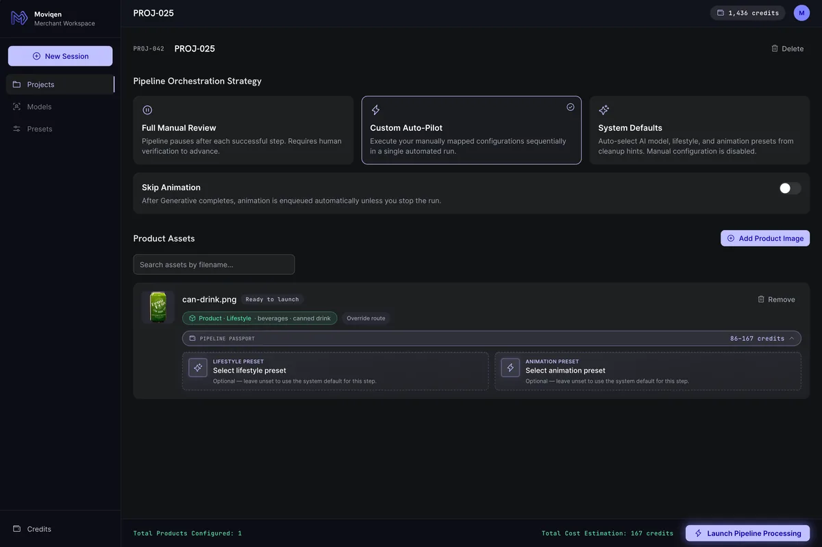 Moviqen project workspace — product configured with lifestyle and animation presets before launch