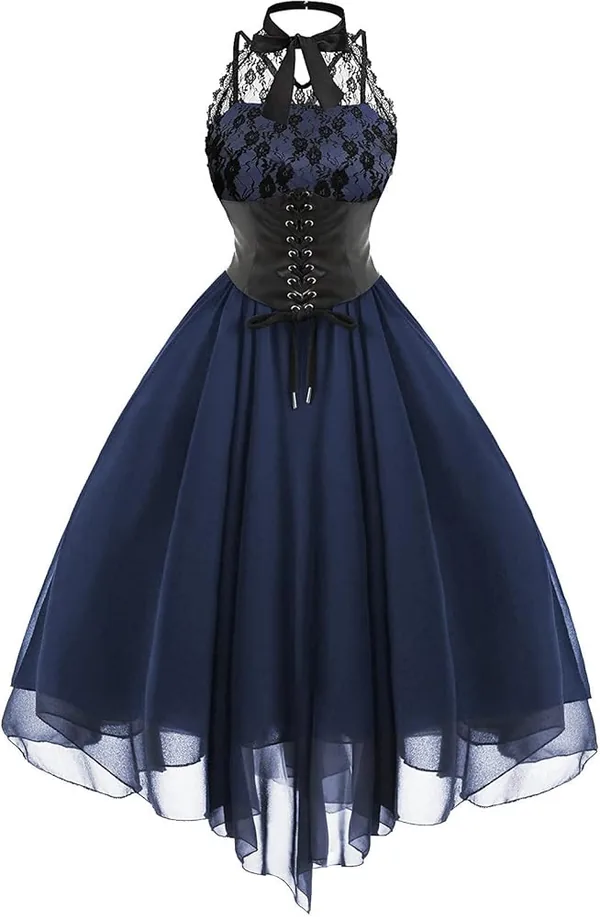 Navy gothic-style dress flat-lay product photo before virtual try-on