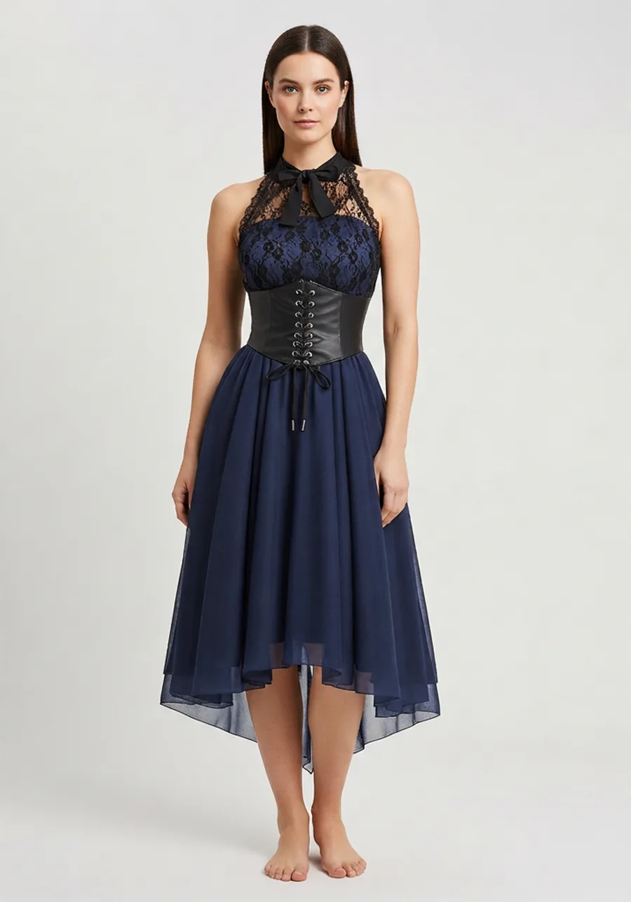 Same dress virtually fitted on a catalog model in studio lighting