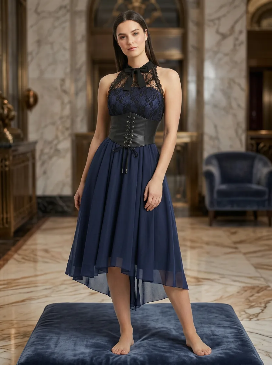 Virtual try-on result with lifestyle marble hall background scene