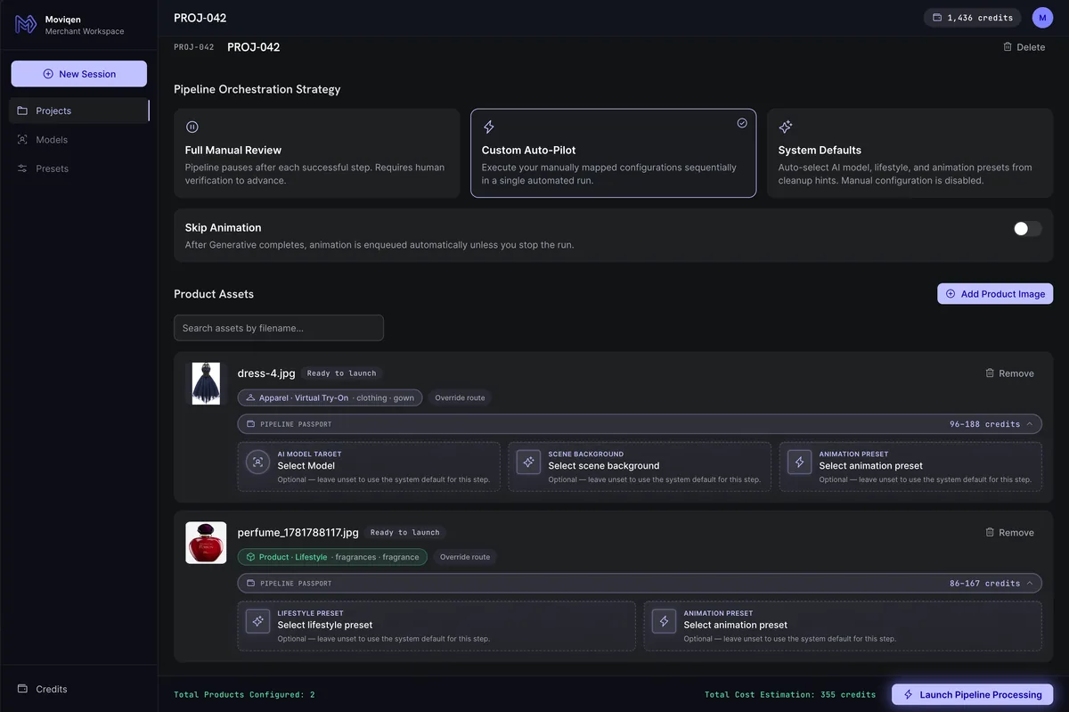 Moviqen workspace project with apparel routed to virtual try-on and fragrance routed to lifestyle presets